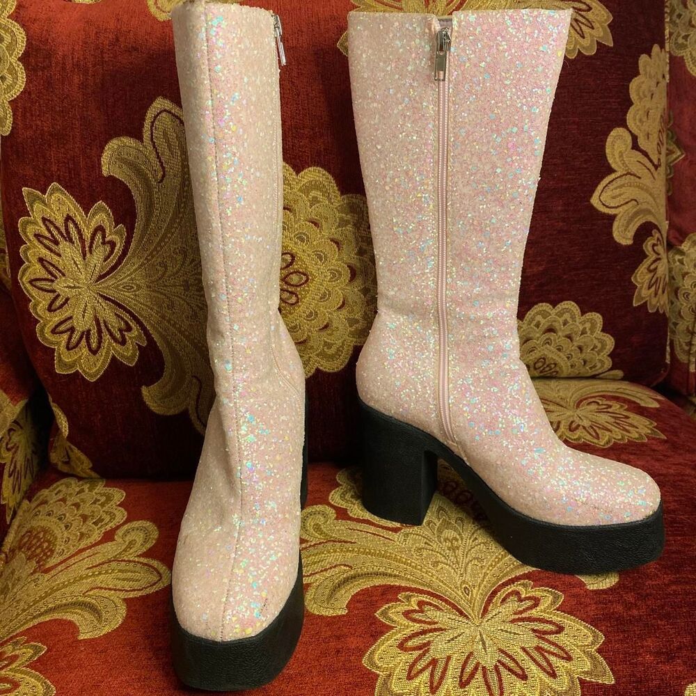 y2k rave inspired pastel pink glittery knee high chunky platform boots LaModa